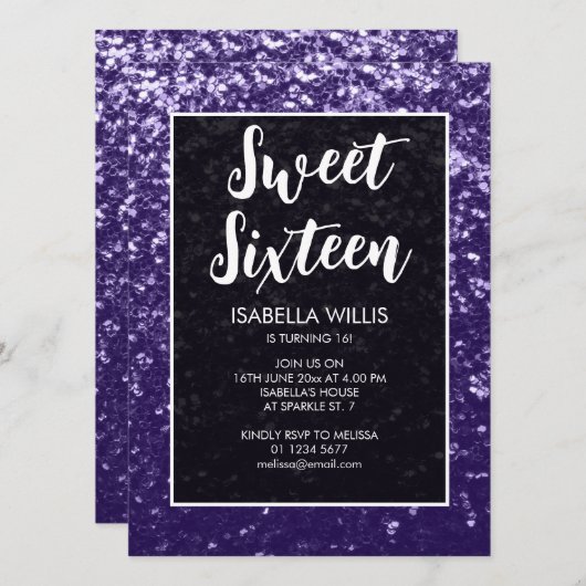 Donkerviolet paarse sparkle Sweet 16 elegant scrip Kaart (Voorkant / Achterkant)