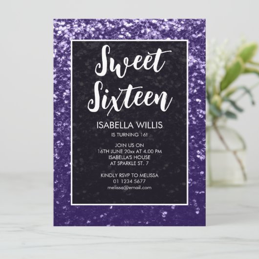 Donkerviolet paarse sparkle Sweet 16 elegant scrip Kaart (Staand voorkant)