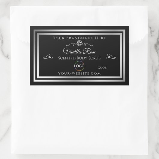 Donkerzwart Product Label Zilver Lijst met Logo (Tas)