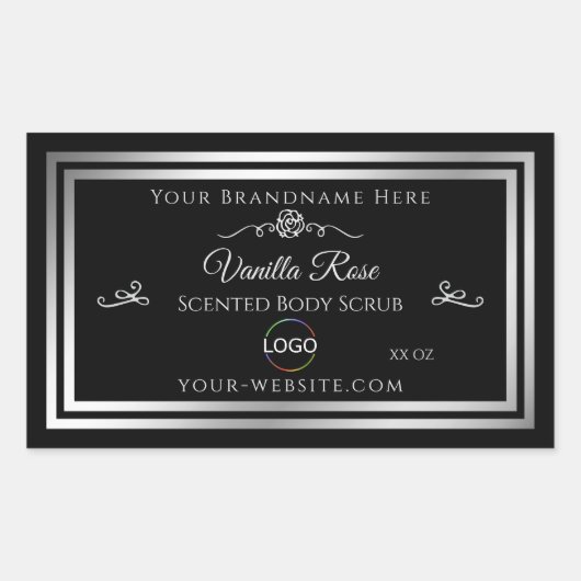 Donkerzwart Product Label Zilver Lijst met Logo (Voorkant)