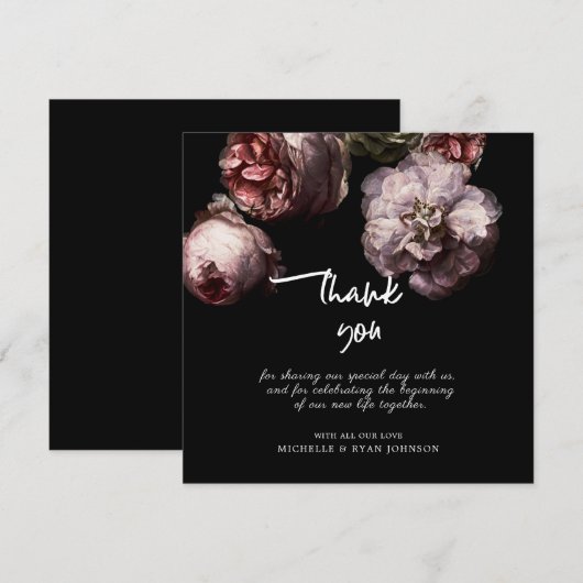 Donkerzwarte Floral bruiloft Hartelijk dank Kaart (Voorkant / Achterkant)