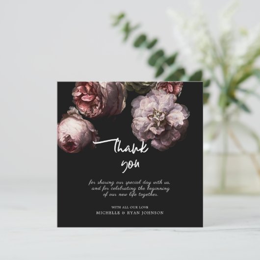 Donkerzwarte Floral bruiloft Hartelijk dank Kaart (Staand voorkant)