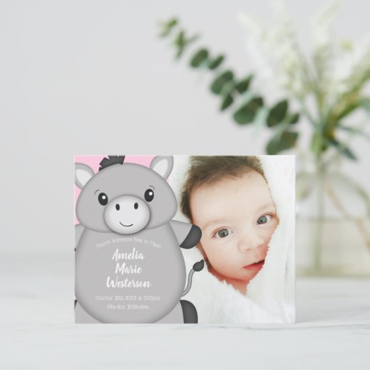 Donkey Baby aankondiging meisje roze Briefkaart (Staand voorkant)