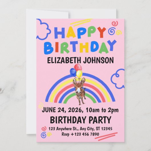 Donkey Birthday Invitation in Pink Kaart (Voorkant)