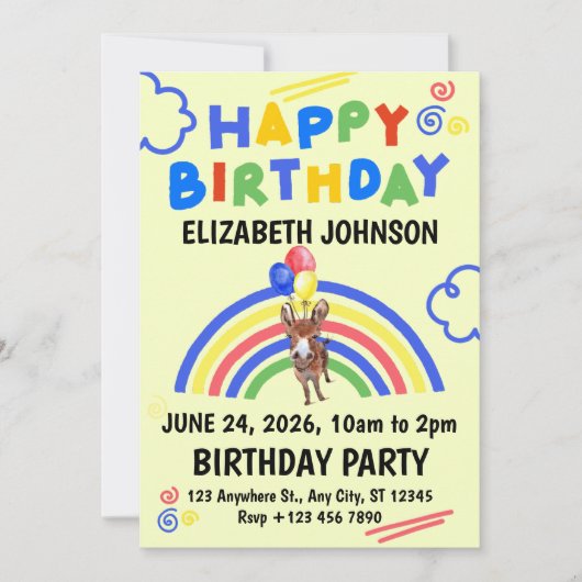 Donkey Birthday Invitation in Yellow Kaart (Voorkant)