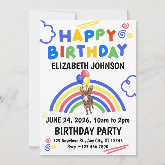 Donkey Birthday Invitation White Kaart (Voorkant)