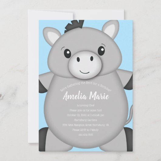 Donkey Birthday Party Blue Kaart (Voorkant)