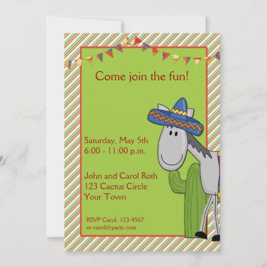Donkey Cactus Fiesta Invitation Kaart (Voorkant)