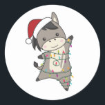 Donkey Christmas Donkeys Winter Animals Ronde Sticker<br><div class="desc">The donkey for Christmas with fairy lights. Funny animals with gifts and snow to the folidays. Also funny for Christmas in July. Donkeys are sweet animals and perfect for Christmas.</div>
