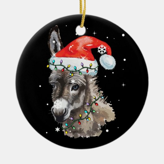 Donkey kerstkleur verlicht Santa Hat Donkey Keramisch Ornament (Voorkant)