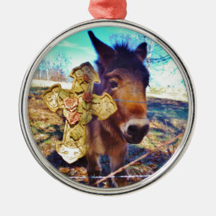 Donkey met Roos Cross Metalen Ornament