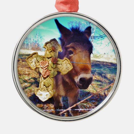 Donkey met Roos Cross Metalen Ornament (Voorkant)