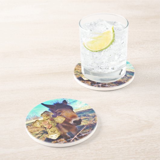 Donkey met Roos Cross Zandsteen Onderzetter (Zijkant)