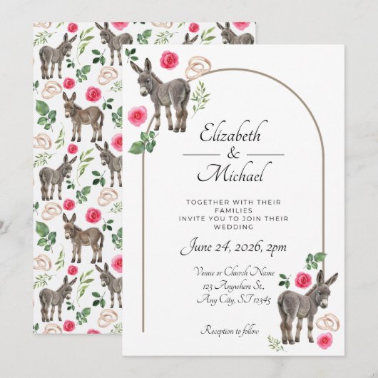 Donkey Pink Floral Rustic Wedding Kaart (Voorkant / Achterkant)