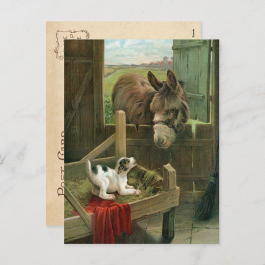 Donkey & Puppy Dog in Manger Old Barnyard Feestdagenkaart (Voorkant / Achterkant)