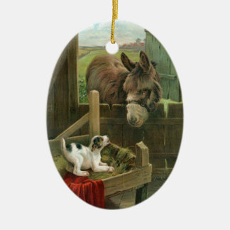  Donkey & Puppy Dog in Manger Old Barnyard Keramisch Ornament