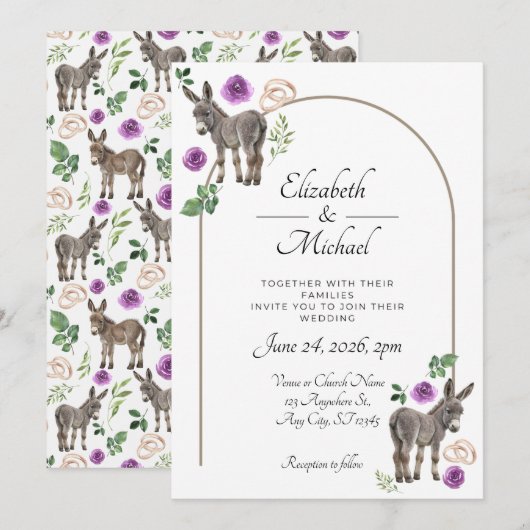 Donkey Purple Floral Rustic Wedding Kaart (Voorkant / Achterkant)