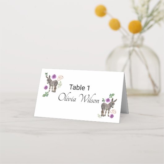 Donkey Purple Floral Rustic Wedding Plaatskaartje (Voorkant)