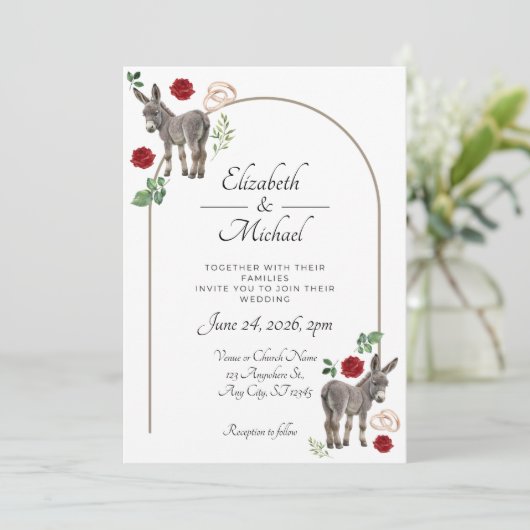 Donkey Red Floral Rustic Wedding Kaart (Staand voorkant)