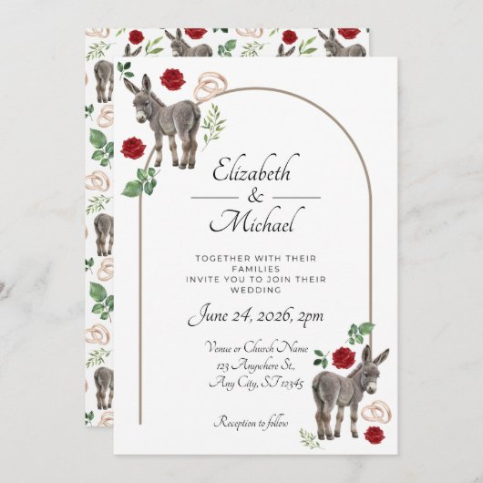 Donkey Red Floral Wedding Invitation  Kaart (Voorkant / Achterkant)