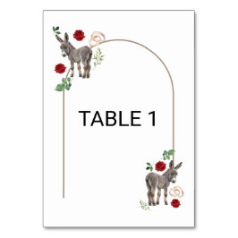 Donkey Red Floral Wedding Table Number Card Kaart