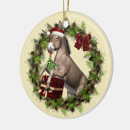 Donkey Wearing Santa Hat in Wreath Round Ornament (Links)