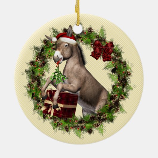 Donkey Wearing Santa Hat in Wreath Round Ornament (Achterkant)