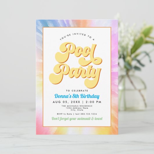 DONNA Retro Font Tie Dye Pool Party Verjaardag Kaart (Staand voorkant)