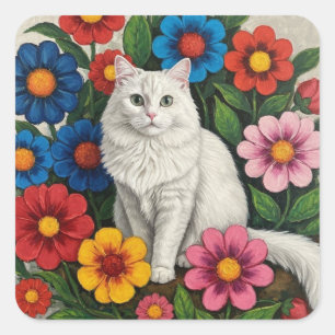 Dons witte kat en volkskunst bloemen vierkante sticker