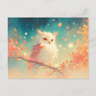 Dons witte uil in herfst bos bij zonsondergang briefkaart
