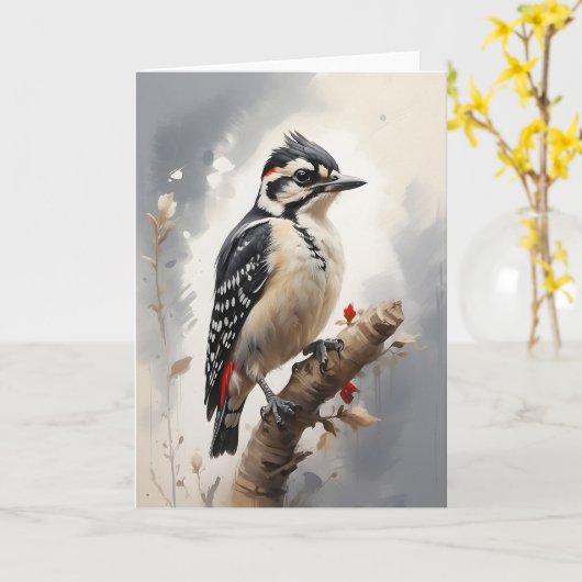 Donspecht zit op boomtak Blank Kaart (Gele Bloem)