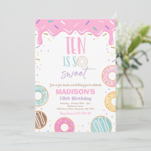 Donut 10th Birthday party Ten is zo lief Kaart (Staand voorkant)