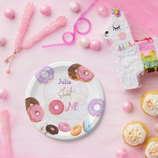 Donut 1 jarig meisje papieren bordje (Feest)