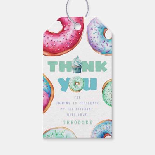 Donut 1e Verjaardag Feest Jongen Schattige Dank u  Cadeaulabel (Voorkant)