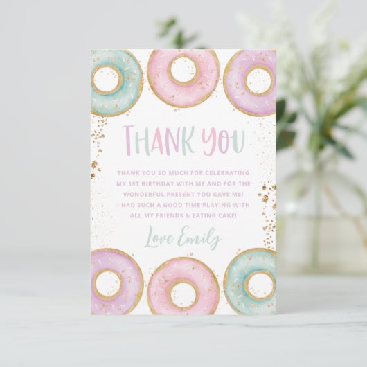 Donut 1e verjaardag Flat Hartelijk dank! Aqua Bedankkaart (Staand voorkant)