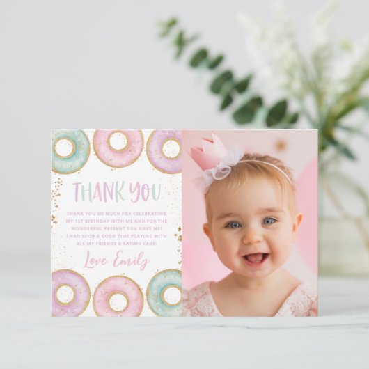 Donut 1e verjaardag flat Hartelijk dank! Aqua Bedankkaart (Staand voorkant)
