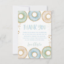 Donut 1e Verjaardag Platte Bedankkaart Roze Blauw