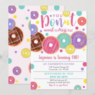 Donut 1e verjaardag uitnodiging, Donut Miss it Kaart