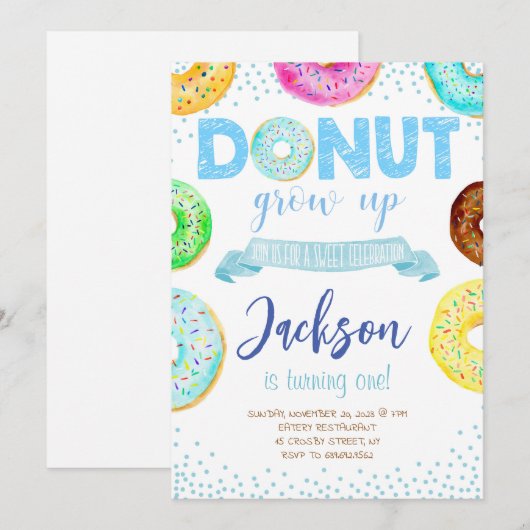 Donut 1e verjaardag Uitnodiging jongen Donut groei (Voorkant / Achterkant)