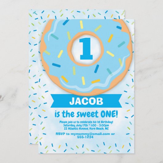 Donut 1e Verjaardag Uitnodiging Jongen strooit (Voorkant / Achterkant)