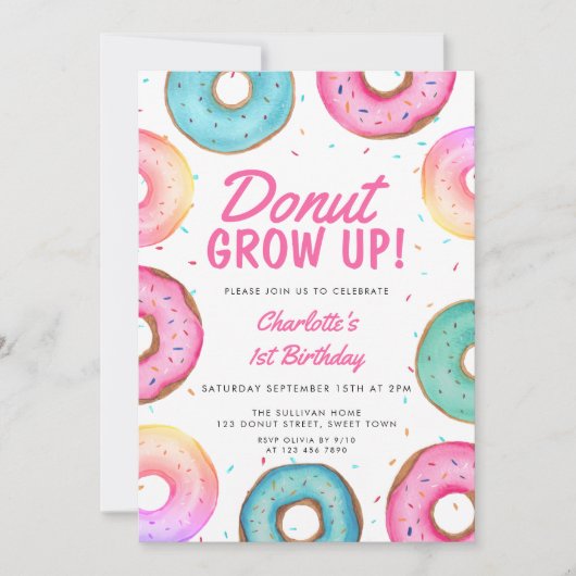 Donut 1e Verjaardag Uitnodiging Meisje Donut Grow  (Voorkant)