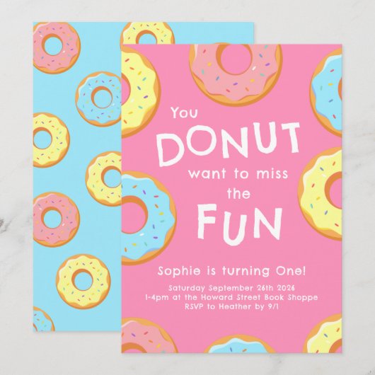 Donut 1e verjaardagsfeest Kinder Kaart (Voorkant / Achterkant)