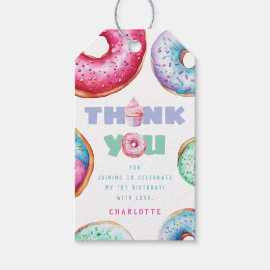 Donut 1e Verjaardagsfeest Meisje Schattige Dank je Cadeaulabel (Voorkant)
