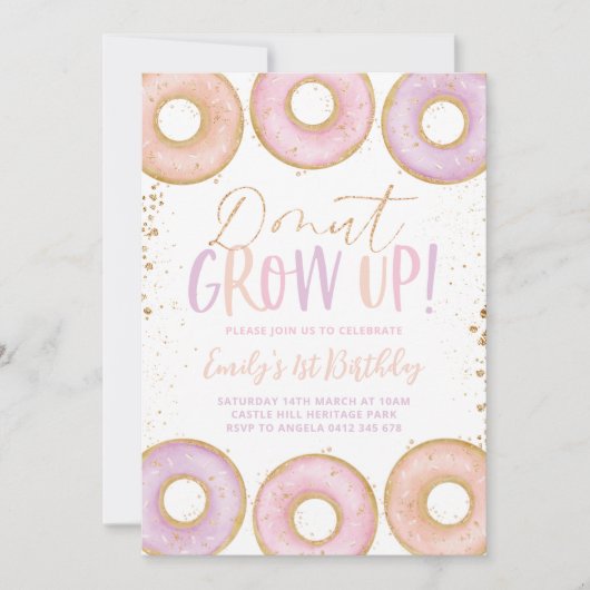 Donut 1st Birthday Uitnodiging Donut Roze opgroeie (Voorkant)