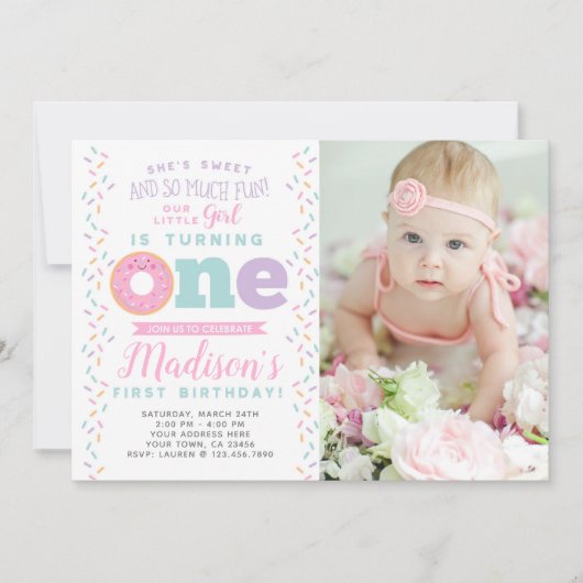Donut 1st Birthday Uitnodiging met Foto (Voorkant)