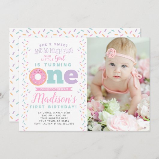 Donut 1st Birthday Uitnodiging met Foto (Voorkant / Achterkant)