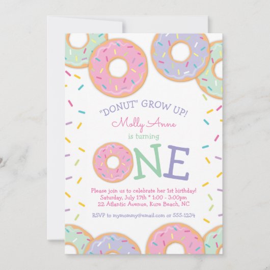 Donut 1st Eerste verjaardag Uitnodiging roze sproi (Voorkant)