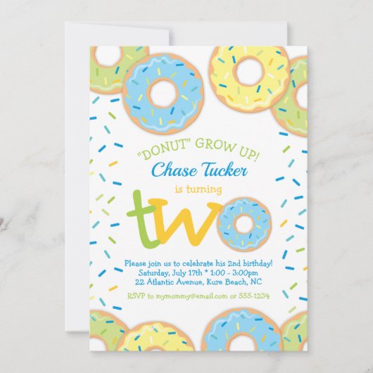 Donut 2e Verjaardag Uitnodiging Jongen strooit (Voorkant)