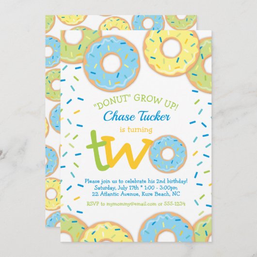 Donut 2e Verjaardag Uitnodiging Jongen strooit (Voorkant / Achterkant)