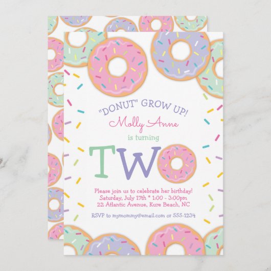 Donut 2e Verjaardag Uitnodiging roze strooisel (Voorkant / Achterkant)
